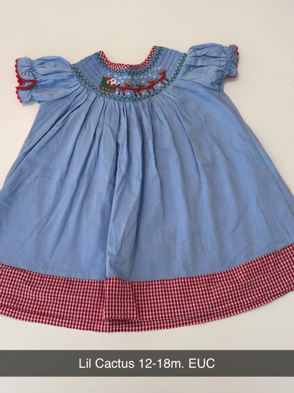 Cactus Blue Smocked Holiday Dress with Red Gingham Trim